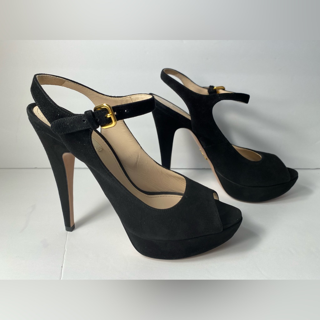 Prada Ankle Strap Open Toe Pumps Heels Black Suede 38.5